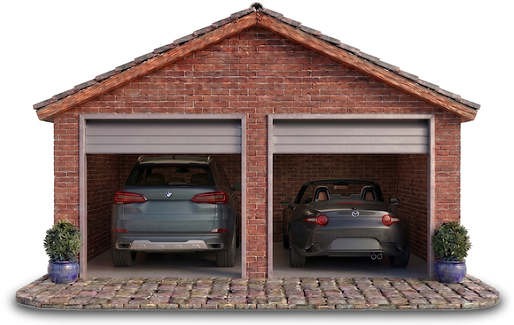A two-car garage holding a BMW X5 and a Mazda Miata, each tagged with its current Visor market value.