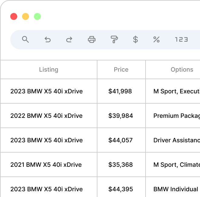 A spreadsheet of BMW X5 listings exported from the Visor API, with columns for listing, price, and options.